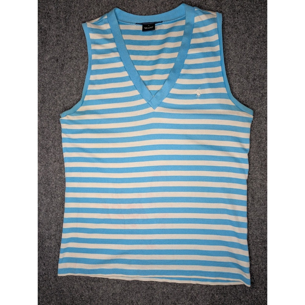 Ralph Lauren Sport Women's‎ Tank Top Size Large Light Blue/ White Stripe Pony